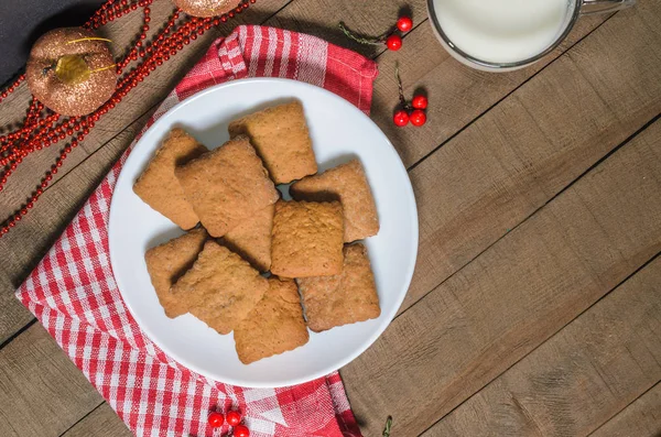 Biscoitos Leite Guardanapo Vermelho Decoração Natal Com Espaço Livre Para — Fotografia de Stock