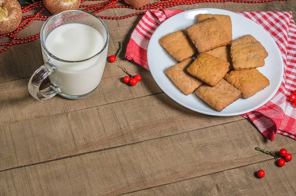 Biscoitos Leite Guardanapo Vermelho Decoração Natal Com Espaço Livre Para — Fotografia de Stock