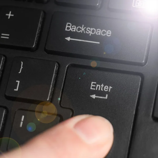 Finger Pressing Enter Key Black Keyboard Close — Stock Photo, Image