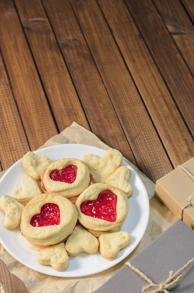 Cookies Shape Hearts Gifts Valentine Day Top View Free Space — стоковое фото