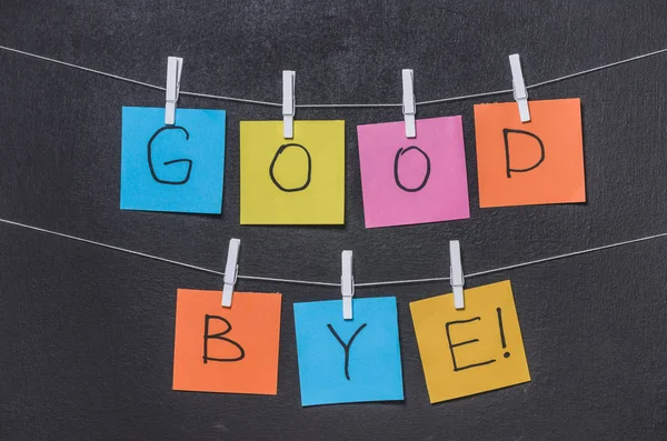 Word Good Bye Colored Stickers Dark Background Close — Stock Photo, Image