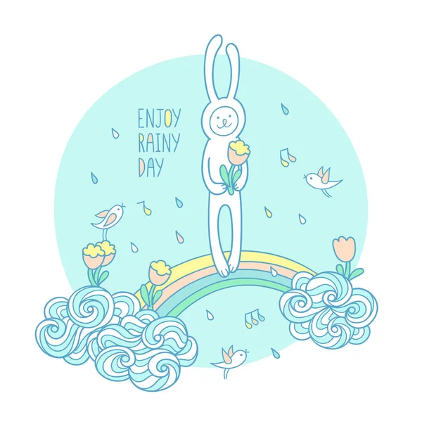 Pequeño conejo blanco en arco iris — Vector de stock