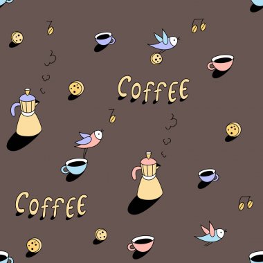 Kahve kupa ve kuşlar seamless modeli