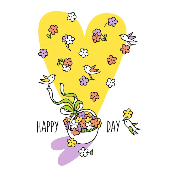 Handgezeichneter Blumenkorb mit Schleife — Stockvektor