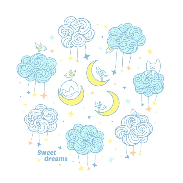 Pequeño gato durmiendo en la luna — Vector de stock