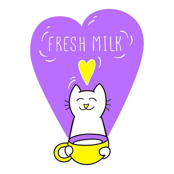 Gatto tiene una tazza di latte fresco . — Vettoriale Stock
