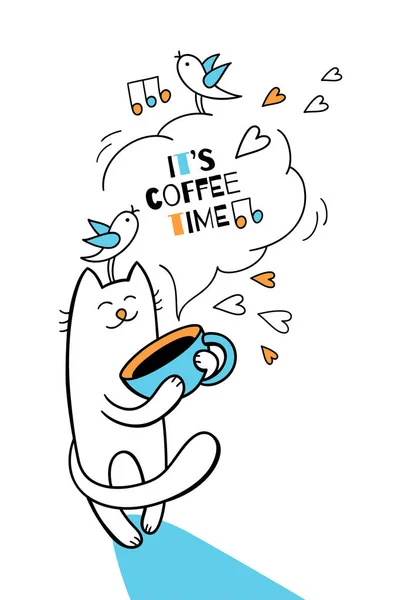 Chat avec tient une casquette de café — Image vectorielle