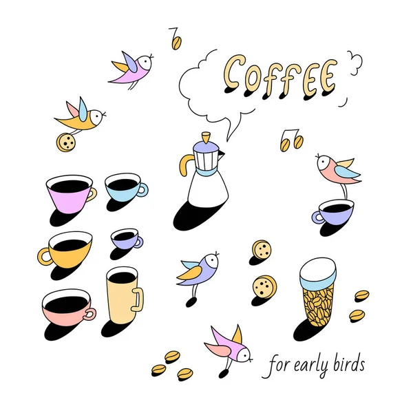Чашки кави і милі маленькі птахи — стоковий вектор