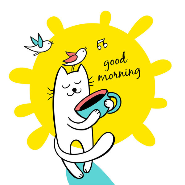 кошка держит в руках чашку кофе
 