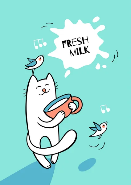 Cat with holds a big cap of milk — Stock Vector