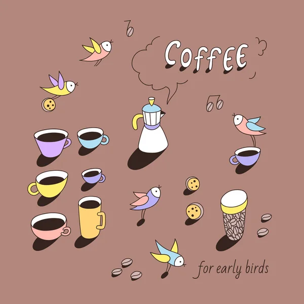 Tazas de café y pequeños pájaros lindos — Vector de stock