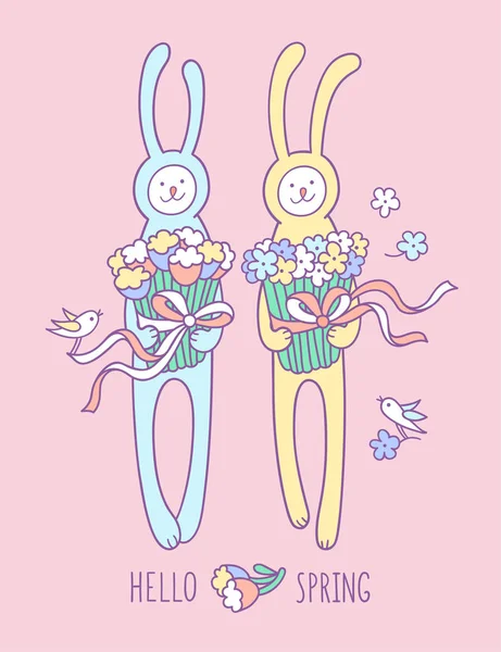 Rabbits with big bouquets — Stock Vector