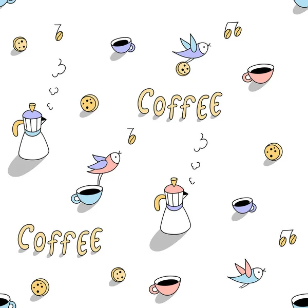 Kávé csésze és madarak zökkenőmentes minta — Stock Vector