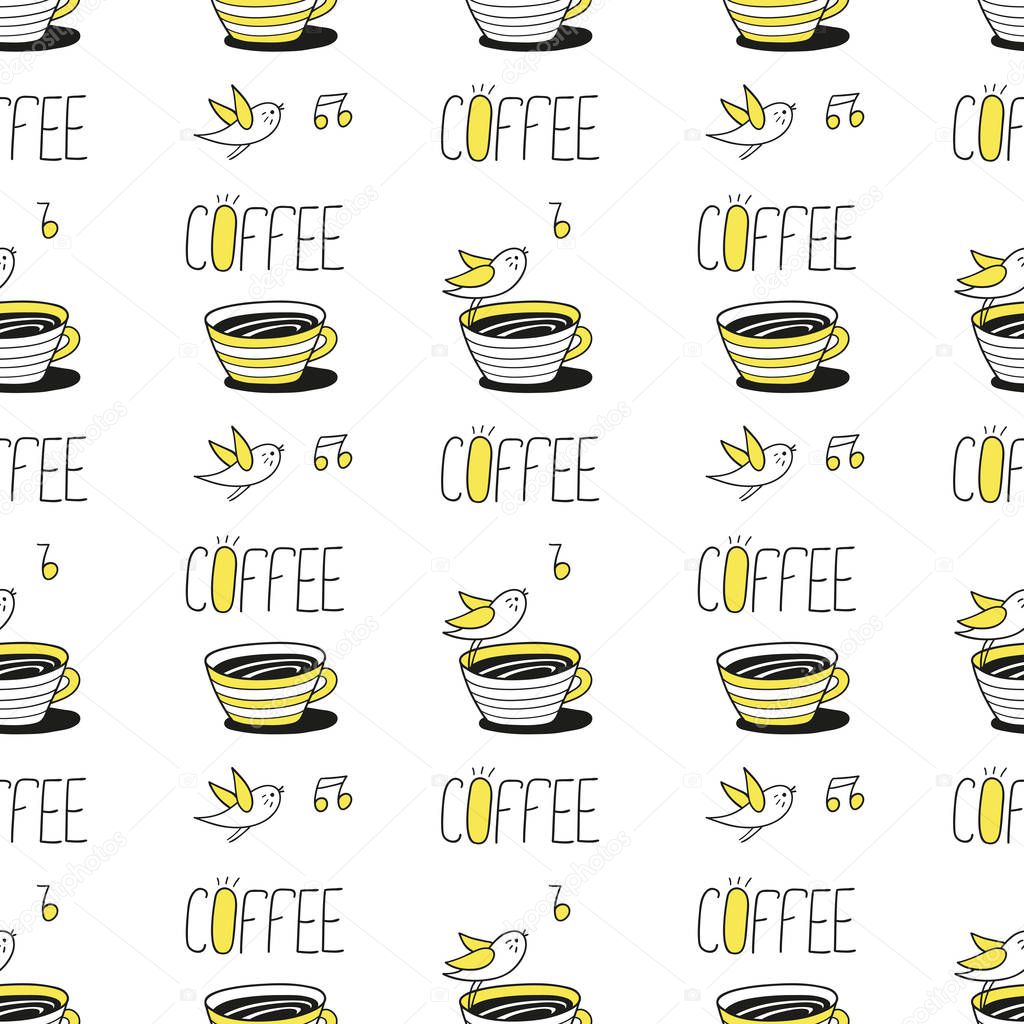 Coffee cups and birds seamless pattern
