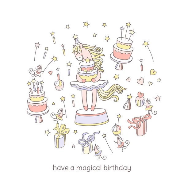 Passe un anniversaire magique. Ensemble d'éléments dessinés à la main avec po mignon — Image vectorielle