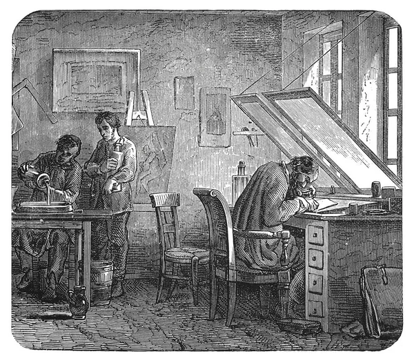 Brass carving workshop antique engraving — Stock Photo, Image