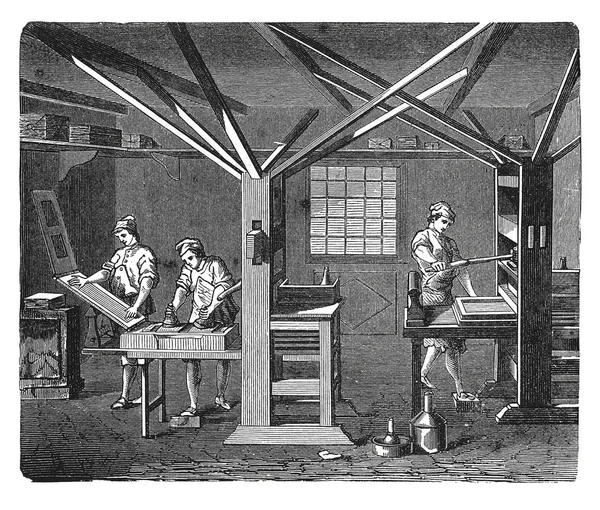 Old printing workshop antique engraving — Stock Photo, Image