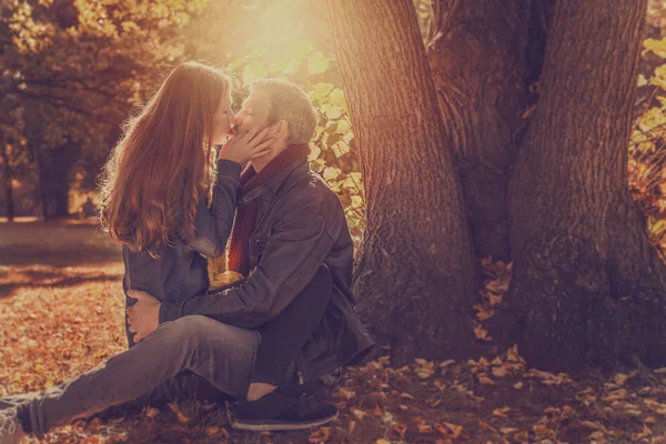 Любовь пара в сезон на дереве — стоковое фото