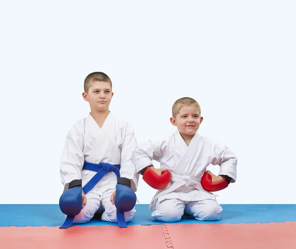 Con superposiciones en las manos los atletas están sentados en una pose de karate — Foto de Stock