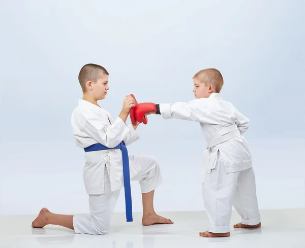 Poco karateka bate puñetazo en el simulador que hermano mantiene — Foto de Stock