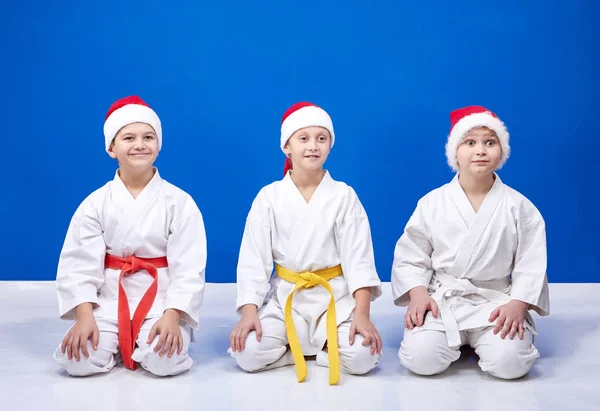 Flickan och två pojkar sitter i en karate-pose — Stockfoto