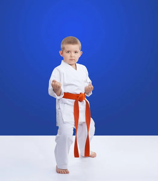 Auf blauem Hintergrund steht ein Athlet im Karate-Regal — Stockfoto