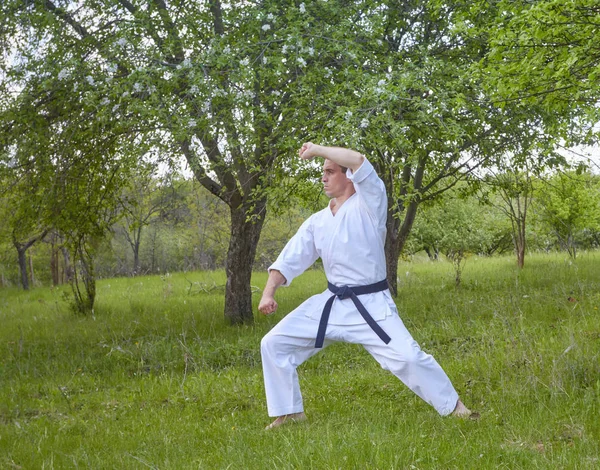 În karategi sportivul antrenează blocurile cu mâinile în parc — Fotografie, imagine de stoc