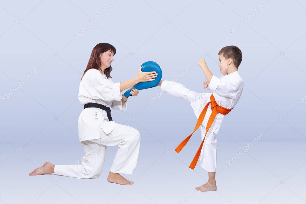 Son and mother are training kick in karategi