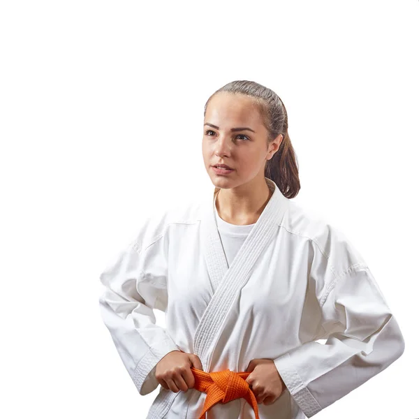 Com uma esportista faixa laranja em um fundo branco — Fotografia de Stock