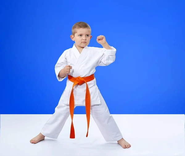 Malý sportovec je v regálu karate — Stock fotografie