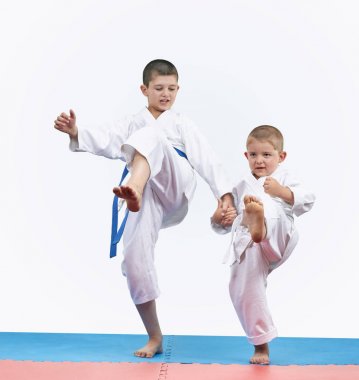 Kırmızı ve mavi hasır üzerinde tekme bacak karate kardeşler dövüyorsun