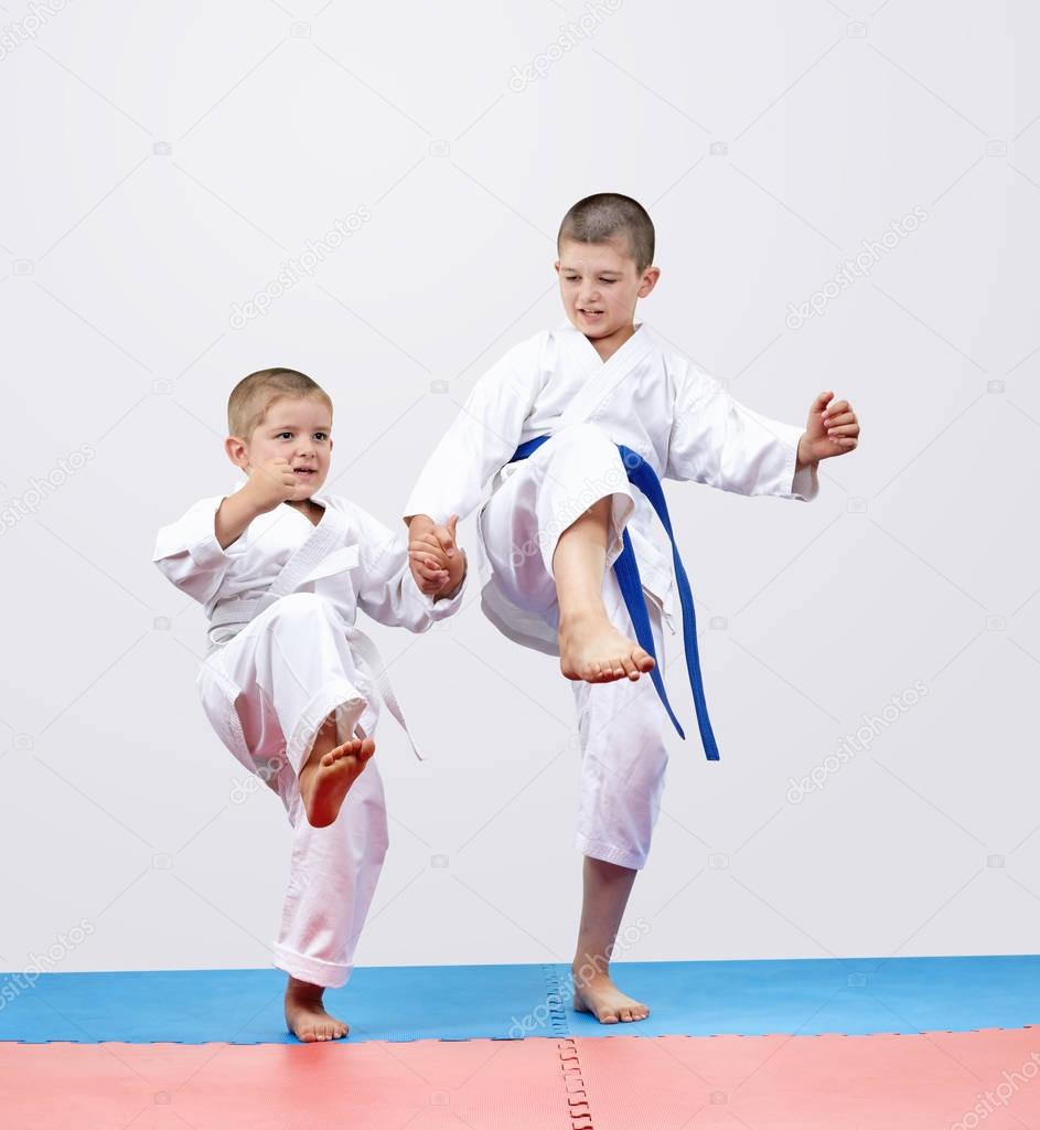 Karateka boys brothers are beating kick leg forward