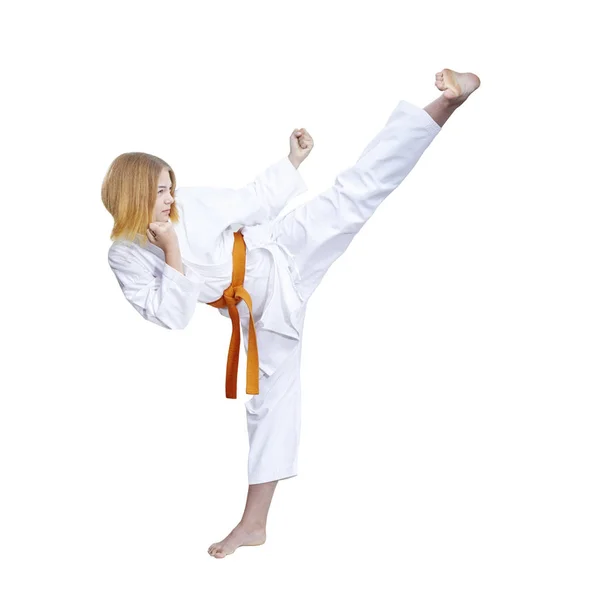 Adulta Atleta Femenina Karategi Está Golpeando Mano Golpe Contra Fondo — Foto de Stock