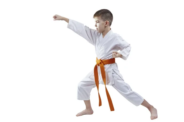 Boy Beats Straight Blow His Hand White Background — Stock Photo, Image