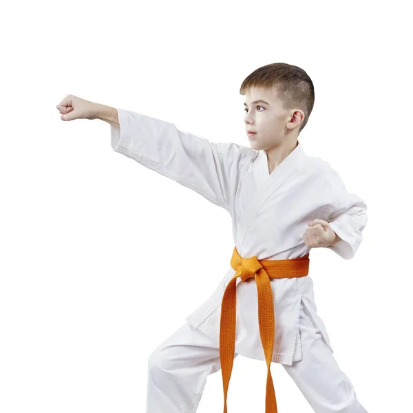 Karategi Rapaz Desportista Golpeia Com Uma Mão — Fotografia de Stock