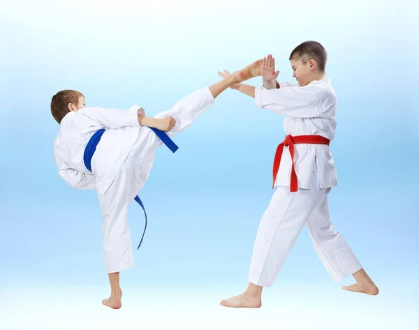 Dos Chicos Son Golpes Entrenados Bloques Karate — Foto de Stock