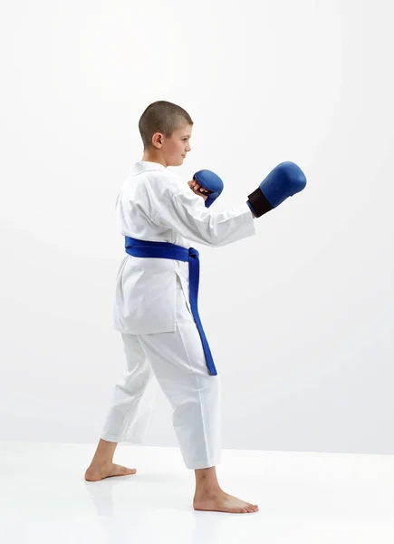 Light Background Karateka Boy Blue Overlays Hands — Stock Photo, Image