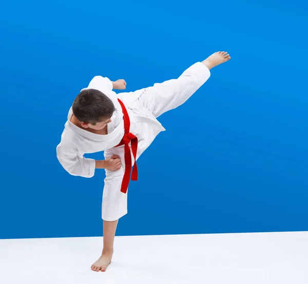 Karategi Menino Atleta Bate Chutando — Fotografia de Stock