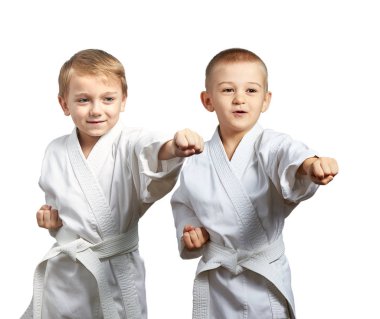 Karategi sporcuları yumruk atıyor.