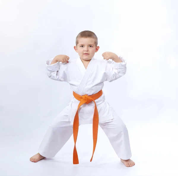 Sportovec Karategi Stojí Světlém Pozadí — Stock fotografie