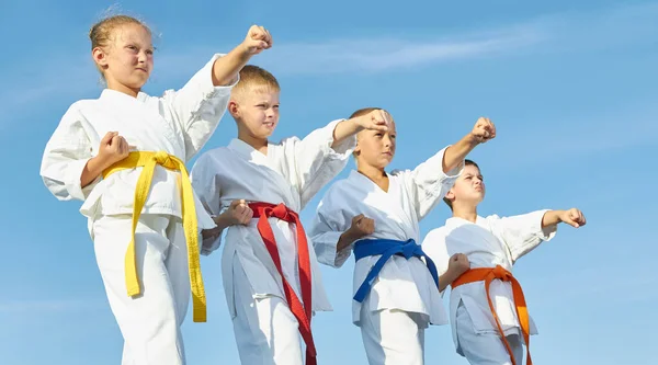 Los Niños Son Golpeados Golpe Gyaku Tsuki Contra Cielo Azul — Foto de Stock