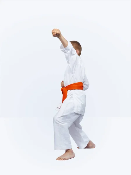Het Rek Van Karate Verslaat Karateka Jongen Ponsarm — Stockfoto