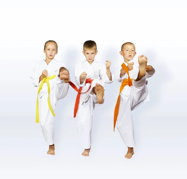 Schlagbeine Schlagen Drei Karateka — Stockfoto
