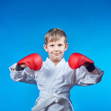 Karategi 'de ve ellerinde kırmızı çizgilerle bir atlet açık mavi arka planda duruyor.