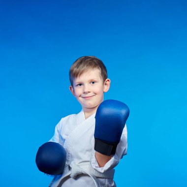 Mavi arka planda, elinde mavi kaplamalarla karate standında bir sporcu...