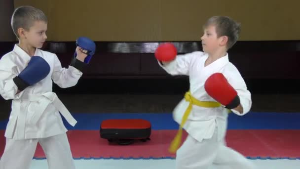 Niños Atletas Entrenan Patada Con Superposiciones Rojas Azules Sus Manos — Vídeos de Stock