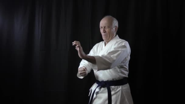 Ejercicios Formales Karate Son Entrenados Por Viejo Atleta Masculino Sobre — Vídeos de Stock