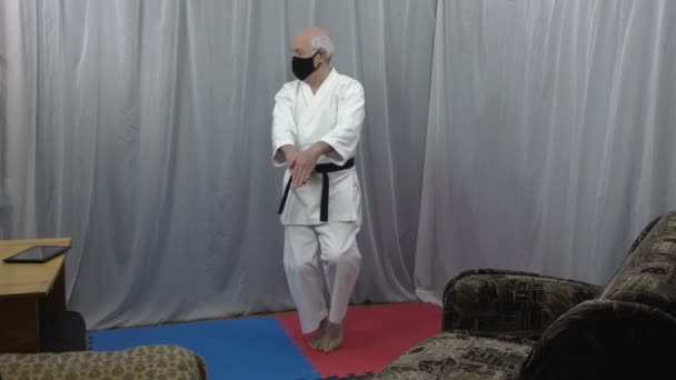 Opleiding Van Karate Formele Oefeningen Quarantaineomstandigheden Zelfisolatie — Stockvideo