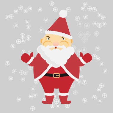 Yuvarlak Noel Baba, kar taneleri arka planı beyaz sakallı.