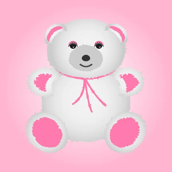 White teddy bear with pink paws. Vector soft toy.